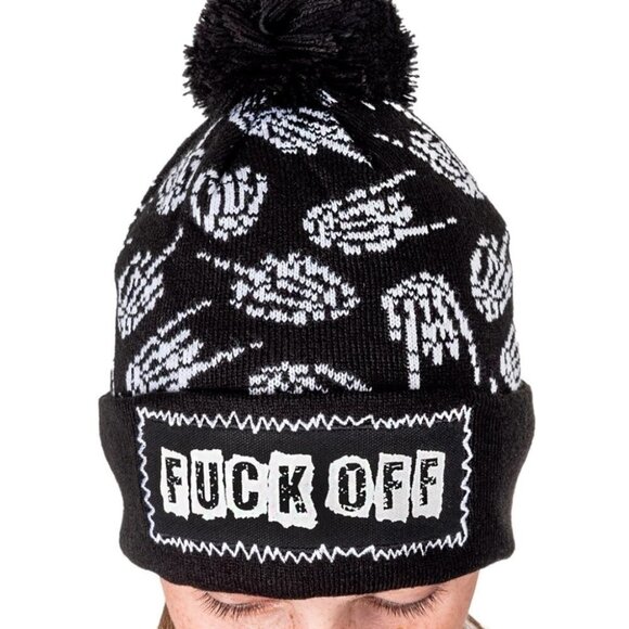 Too Fast F*ck Off Pom Pom Beanie Hat Adult One Size Skeleton Hands Black NEW - Picture 1 of 8